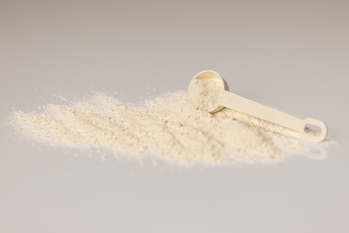 Casein protein powder in container